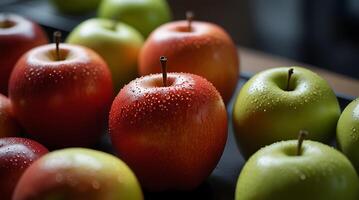 fake plastic apples, synthetically engineered in labs rather than grown from nature's seeds background illustration. - photo