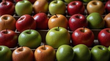 fake plastic apples, synthetically engineered in labs rather than grown from nature's seeds background illustration. - photo