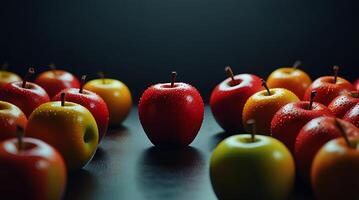 fake plastic apples, synthetically engineered in labs rather than grown from nature's seeds background illustration. - photo