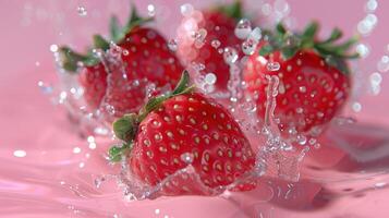 strawberry flying through the air with a splash photo
