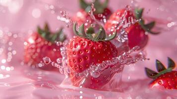 strawberry flying through the air with a splash photo