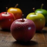 fake plastic apples, synthetically engineered in labs rather than grown from nature's seeds background illustration. - photo