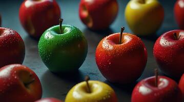 fake plastic apples, synthetically engineered in labs rather than grown from nature's seeds background illustration. - photo