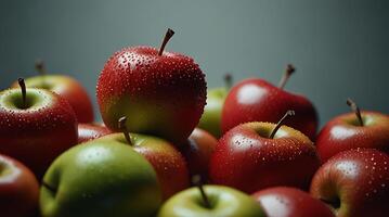 fake plastic apples, synthetically engineered in labs rather than grown from nature's seeds background illustration. - photo