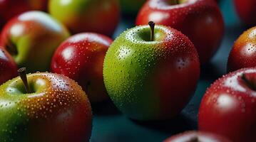 fake plastic apples, synthetically engineered in labs rather than grown from nature's seeds background illustration. - photo