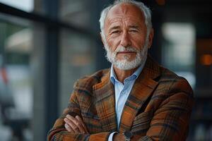 Distinguished elderly executive company owner corporate manager leader in office, confident professional business man with grey hair and beard in plaid jacket standing with arms crossed photo