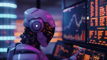 Advanced AI Robot Analyzing Financial Data on Multiple Screens in a Futuristic Setting photo