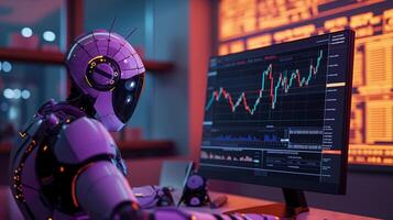 Advanced AI Robot Analyzing Financial Data on Multiple Screens in a Futuristic Setting photo