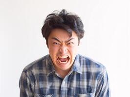 Young Man in Plaid Shirt Shouting with Angry Expression on Light Background photo
