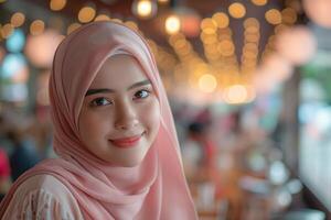 Smiling Young Woman in Pink Hijab at a Vibrant Indoor Market with Colorful Background photo