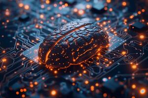 Artificial Intelligence Concept with Glowing Brain on Circuit Board for AI Technology photo