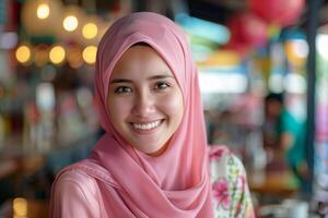 Smiling Young Woman in Pink Hijab at a Vibrant Indoor Market with Colorful Background photo