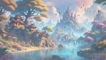 A majestic castle perched atop a waterfall, surrounded by lush greenery and mountains under a clear blue sky with two comets streaking overhead. video