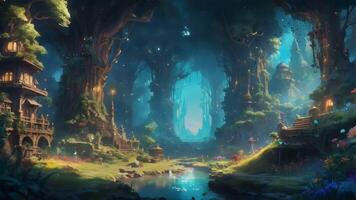 A majestic castle perched atop a waterfall, surrounded by lush greenery and mountains under a clear blue sky with two comets streaking overhead. video
