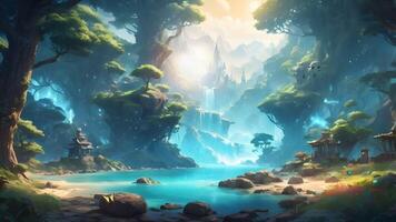 A majestic castle perched atop a waterfall, surrounded by lush greenery and mountains under a clear blue sky with two comets streaking overhead. video