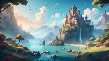 A majestic castle perched atop a waterfall, surrounded by lush greenery and mountains under a clear blue sky with two comets streaking overhead. video