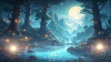A majestic castle perched atop a waterfall, surrounded by lush greenery and mountains under a clear blue sky with two comets streaking overhead. video