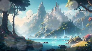 A majestic castle perched atop a waterfall, surrounded by lush greenery and mountains under a clear blue sky with two comets streaking overhead. video