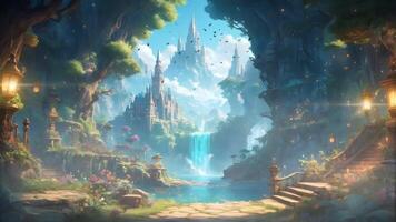A majestic castle perched atop a waterfall, surrounded by lush greenery and mountains under a clear blue sky with two comets streaking overhead. video