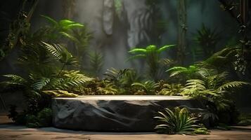 Natural Stone Podium in the Topical forest nature background for product mockups photo