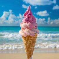 Pink ice cream in a waffle cone in hand on the background of a beautiful sea beach in the summer heat. Summer vacation concept photo