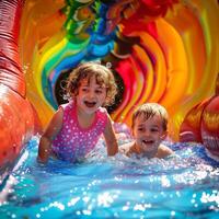 Happy children on slide at water park. Summer vacation. Joyful Child Swimming in Pool with Colorful Float on Sunny Day photo