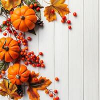 Autumn top border of orange, white and striped pumpkins on a white wood background. Top view with copy space. Autumn Decor Pumpkins and Leaves on White Wooden Background photo