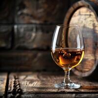 Glass of cognac on the table in the cellar of traditional winery. Glasses of brandy in cellar with old barrels photo