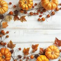 Autumn top border of orange, white and striped pumpkins on a white wood background. Top view with copy space. Autumn Decor Pumpkins and Leaves on White Wooden Background photo