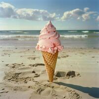 Pink ice cream in a waffle cone in hand on the background of a beautiful sea beach in the summer heat. Summer vacation concept photo