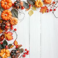 Autumn top border of orange, white and striped pumpkins on a white wood background. Top view with copy space. Autumn Decor Pumpkins and Leaves on White Wooden Background photo