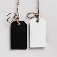 Black and white tags with strings on a gray background, blank tags concept, mock-up, copy space. Label tag mockup. Label Tag mockup template. Cloth label tag blank mockup. Price Label tag mockup. photo