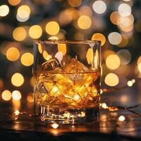 Whiskey with ice cubes in a glass on a dark blurred background with bokeh lights and Christmas lights and toys. Cozy winter cocktails by the fireplace on New Year's Eve. photo
