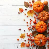 Autumn top border of orange, white and striped pumpkins on a white wood background. Top view with copy space. Autumn Decor Pumpkins and Leaves on White Wooden Background photo
