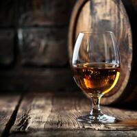 Glass of cognac on the table in the cellar of traditional winery. Glasses of brandy in cellar with old barrels photo
