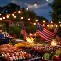 Barbecue party with grilled food in backyard with American flags. 4th of July, USA Independence Day photo