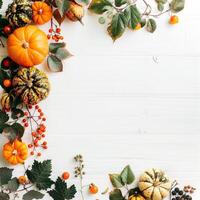 Autumn top border of orange, white and striped pumpkins on a white wood background. Top view with copy space. Autumn Decor Pumpkins and Leaves on White Wooden Background photo