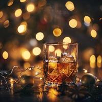 Whiskey with ice cubes in a glass on a dark blurred background with bokeh lights and Christmas lights and toys. Cozy winter cocktails by the fireplace on New Year's Eve. photo