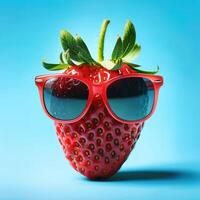 Happy strawberry character with sunglasses on the sea background, with copy space, space for text and, strawberry flavor. Summer vibes. photo