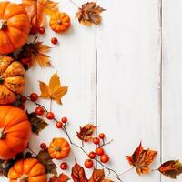 Autumn top border of orange, white and striped pumpkins on a white wood background. Top view with copy space. Autumn Decor Pumpkins and Leaves on White Wooden Background photo