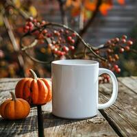 Mockup of a white coffee cup and pumpkin on an old wooden table against a background of beautiful autumn nature. Decoration for Halloween and Thanksgiving. Autumn still life, background or banner. photo