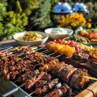 Barbecue party with grilled food in backyard with American flags. 4th of July, USA Independence Day photo