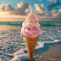 Pink ice cream in a waffle cone in hand on the background of a beautiful sea beach in the summer heat. Summer vacation concept photo
