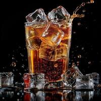 Glass of refreshing cola with ice cubes on a black background. Cool summer soda mockup. photo