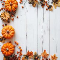 Autumn top border of orange, white and striped pumpkins on a white wood background. Top view with copy space. Autumn Decor Pumpkins and Leaves on White Wooden Background photo