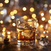 Whiskey with ice cubes in a glass on a dark blurred background with bokeh lights and Christmas lights and toys. Cozy winter cocktails by the fireplace on New Year's Eve. photo