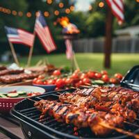Barbecue party with grilled food in backyard with American flags. 4th of July, USA Independence Day photo
