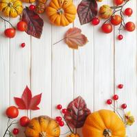 Autumn top border of orange, white and striped pumpkins on a white wood background. Top view with copy space. Autumn Decor Pumpkins and Leaves on White Wooden Background photo