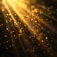 Abstract golden glitter sparkling lights background, festive holiday concept. Background with copy space. Blurry Bright background. Luxury glitter and bokeh particles photo