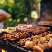 Barbecue party with grilled food in backyard with American flags. 4th of July, USA Independence Day photo